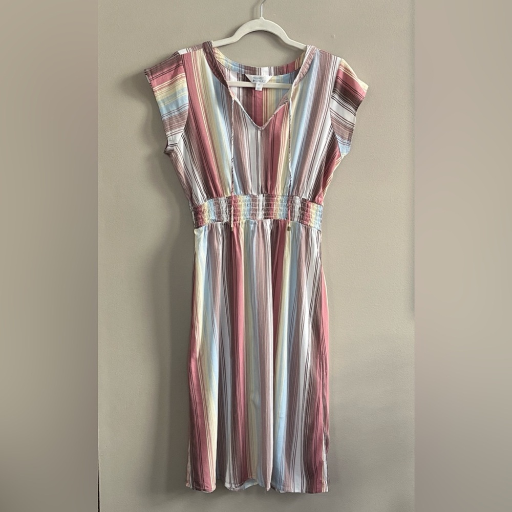 Market & Spruce Neriah Smocked A line pink blue striped dress size medium